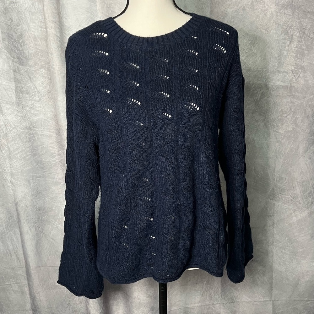 Falls Creek Open Knit Navy Blue Scoop Neck Women's Bell Sleeve Sweater - SMALL